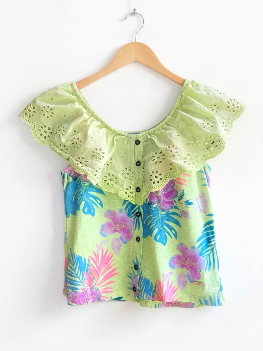 Justice Girls Tropical Floral Eyelet Ruffle Top Size Medium 10 | Hawaiian